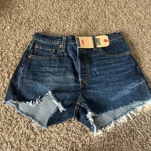 Levi's Dark Blue 501 Frayed Hem Denim Jean Shorts